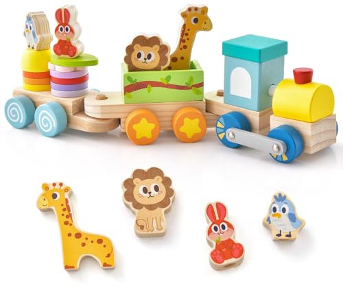 DREAMADE 3-teiliges Holzeisenbahn-Set, Zug Spielzug mit niedlicher Lokomotive & Tierfiguren & stapelbaren Holzklötzen, Kinderspielzueg Lernspielzueg aus Massivholz, für Kinder ab 3 Jahren (Modell 1)