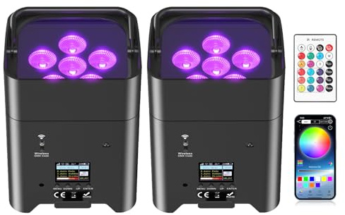 UKing 2er 108W APP akku led par Scheinwerfer strahler wiederaufladbarer, RGBWA+UV disco licht Bühnenlicht mit mit Fernbedienung, unterstützt 2,4 GHz/DMX-Steuerung für DJ Party Hochzeiten