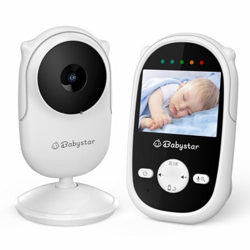 Babystar Babyphone mit Kamera und Nachtsicht, 2,4 GHz drahtloses Video-Babyphone mit wiederaufladbarem Akku, Zwei-Wege-Gespräch, 2,4-Zoll-HD-Bildschirm, ECO Modus, Fütterungserinnerung, 4 Schlaflieder