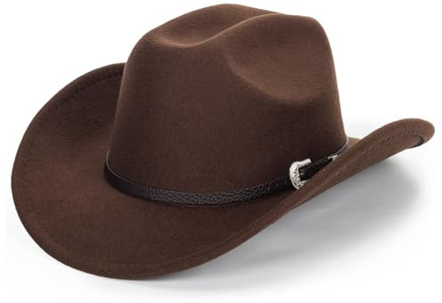 HilyBony Western-Cowboyhut für Damen und Herren, klassischer Fedora-Hut mit breiter Krempe und Schnallengürtel, Kaffee mit Gürtel, L