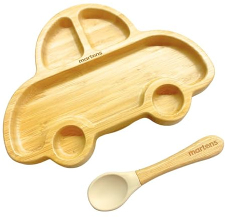 Martons Högkvalitativ bambutallrik med sugkopp, halkfri med matchande babysked, porslinsset med vacker presentask, universell beige färg