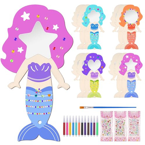 Moosono Meerjungfrau Basteln, 12 Stücke DIY Holzspiegel Bausatz mit Griff, Meerjungfrau Bastelset für Kinder, Meerjungfrau Geburtstag Gastgeschenke für Mädchen