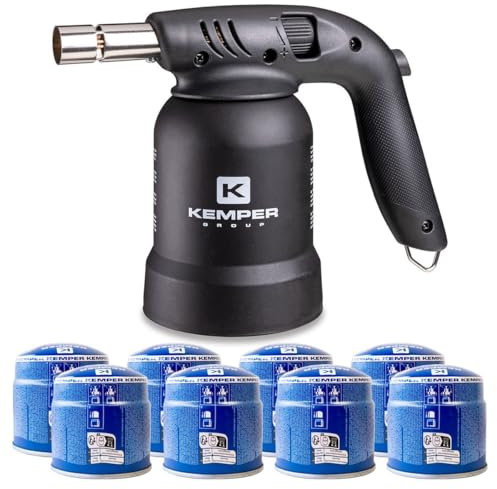 KEMPER - Lampe à souder à gaz Professionnelle Utilisation 360° Chalumeau gaz Allumage piezo + 8 Cartouches gaz Perçables