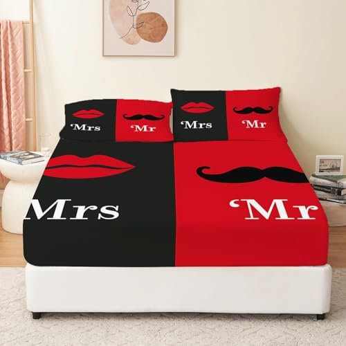 Spannbettlaken 180 x 200 cm für Kinder Jungen Mädchen Matratzenschoner Spannbetttuch, Einfache Romantische Paarlippen Muster Bettlaken Rot Schwarz Bettwäsche-Set, Mikrofaser Spannbettlaken