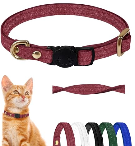 Collar Gato Cierre Seguridad - Piel Auténtica - con Hebilla y Anillo en D de Metal - Liberación Rápida - Resistente, Ajustable y Antirestrangulamiento - para Animales Pequeños (Rojo Intenso, 19-28 cm)