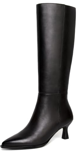 SUIARA Black Knee High Boots Women Kitten Heel Pointed Toe Faux Leather Side Zipper Sexy Stiletto Long Tall Dress Boots