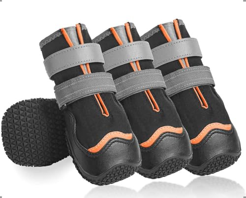 Ohcozzy Impermeabili Scarpette Cane, Stivali per Cani Antiscivolo con Cinturini Riflettenti, Resistenti All'usura, Suola in Gomma Protezione Zampe Cane per Piccoli Medi Grandi 4 Pezzi(L,Arancione)