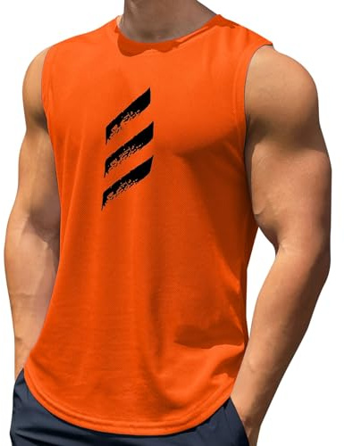Débardeur de sport en résille pour homme - Débardeur de sport - T-shirt d'entraînement et de course à pied - Sans manches - Col rond - Respirant - Pour l'été - Basiques pour homme, Orange, 3XL