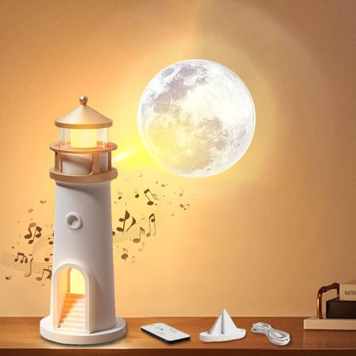 PASLFC Faro decorativo con luce, lampada faro, proiettore a LED, luce di luna con telecomando e Bluetooth, faro con proiezione lunare per Natale, compleanno