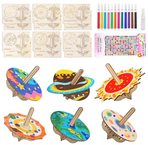 12 Pièces Toupie en Bois,Gyroscope Planétaire, Bricolage en Toupie Bois, Kit de Bricolage Peinture pour Enfants 4-9 Garçons Filles (STYLE1)