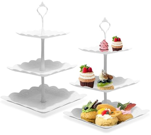 DYHNQE 2PCS 3 Tier Afternoon Tea Stand, Plastic Tiered Cake Stand Square 3 Tier Cake Stand White Cupcake Stand for Weddings Birthdays Party Afternoon Tea Party