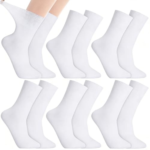 Halinuia 6 Paires Chaussette Sans éLastique Diabétique pour Homme Femme, Blanc Chaussette Non Comprimante Amples Socquettes Extra Large pour Diabétiques Non Comprimante Pieds Gonflés 39-44
