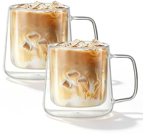 SUNOYA Latte macchiato-glas set om 2, 400 ml kaffeglas med dubbla väggiga glas för cappuccino, latte, kaffe, mjölk, juice, öl