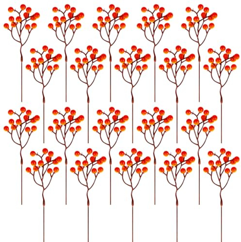 Fangoo 20 Pack Fall Artificial Orange Berry Stems, 18cm Orange Berry Picks Holly Berries Branches for Christmas Tree Decorations Fall Bouquets Wreath DIY Crafts Thanksgiving Harvest Autumn Home Decor