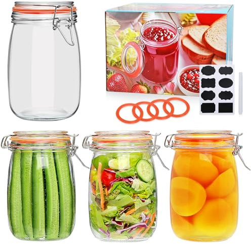 Encheng 32 oz Wide Mouth Mason Jars with Airtight Hinged Lids, Large Glass Jar with Lid for Pickling, Fermentation, Canning, Food Storage – Set of 4 Glass Storage Containers