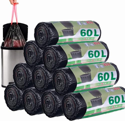 ASelected 200 Stück 50-60L Müllbeutel Mit Zugband, Müllsäcke Mülltüten mit Tragegriff Super Auslaufsicher 10 Rollen, Abfallsack Mit Zugband 60 Liter Groß 71 x 64 cm Schwarz