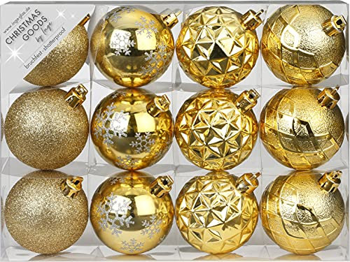 Weihnachtskugeln Kunststoff 6cm x 12 Stück Set mit Muster Mix Christbaumkugeln Gold