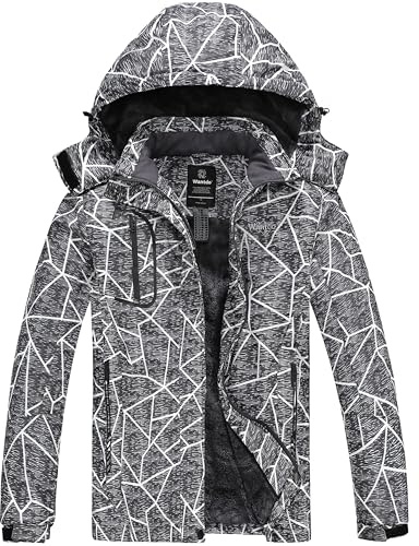 Wantdo Varm skidjacka för kvinnor med fleece, vattentät snowboardjacka, med huva, bergsrock, vindtät regnrock, Grå flora, S