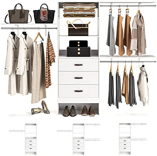 Armocity 96 Wood Closet System with 3 Enclosed Drawers & 3 Solid Shelves, 8FT Adjustable Closet Organizers and Storage, Heavy Duty Modular Wardrobe for Reach-In & Walk-In, 1000 LBS Load, White