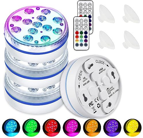 Aoreun Luz subacuática, 4 unidades LED para piscina, luces magnéticas subacuáticas, IP68, resistente al agua, iluminación para estanque, bañera, fuente, acuario, decoración interior