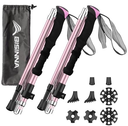 BISINNA Wanderstöcke Trekkingstöcke Nordic Walking Stöcke - 95-110 cm / 115-135 cm Faltbar Verstellbar Leichtgewichtige Aluminium-Wanderstock, mit Gummipuffer für Damen und Herren(pink Colour
