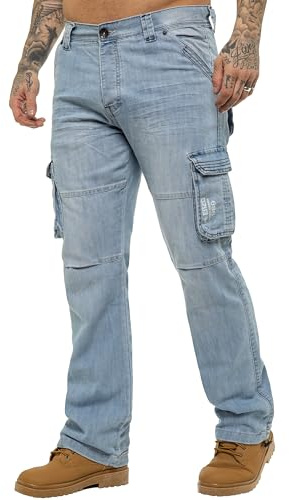 Pantalon Cargo Jeans Coupe Classique Coton Homme avec 6 Poches EZ08 Bleu Clair 38W / 32L