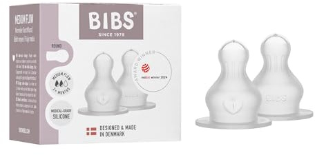 BIBS Bottle Teat 2-Pack. Anti-Colic. Extra Teats for BIBS Baby Bottles. Round Teat. - Silicone, Medium Flow