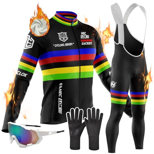 Radtrikot Set Langarm Herren Thermische Fleece Winter Fahrradbekleidung Radsportanzüge Fahrradtrikot Handschuhe Brille mit Thermofleecefutter Fahrradhose mit Sitzpolster+9D Gel (TYP-2,M)