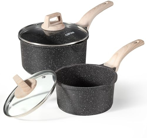 CAROTE 1.5Qt & 3.0Qt Sauce Pan Sets with Lid Cooking Pots Nonstick Saucepans Cookware Set with Pour Spout Small Kitchen Pot, Induction Comptable, Easy to Clean, PFOA FREE (Classic Granite)