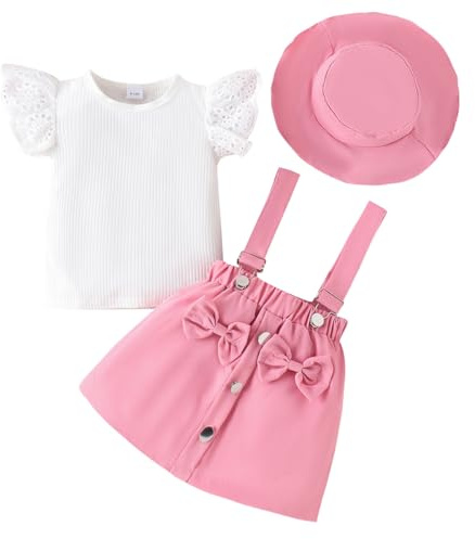 LUVCES Bambina Gonne Set Estivi Manica Corta con Volant Coste Top + Bowknot Bretelle Abito+ Cappello Estivi Abiti 3Pcs Completo Bambine 3Pcs Rosa 18-24 Mesi
