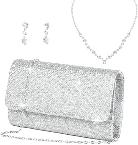 Kettentasche, Clutch Silber, Silberne Schuhe Damen, Silberne Tasche eine Silberne Halskette und ein Paar Ohrringe, Handtasche Silber, Elegante Abendtasche Silber für Hochzeit Party Freizeit Date