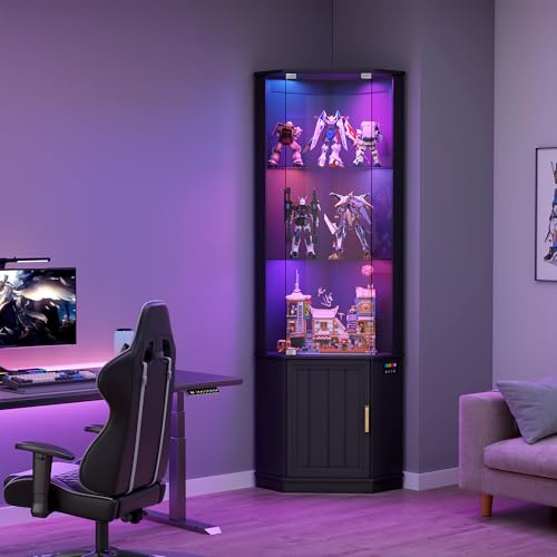 Gurexl 175 CM Vitrina de Esquina con 24 Colores de Luces y Sensor de Movimiento para Estar,Vitrina de Cristal con 3 Estantes Ajustables y 1 Armario,Expositora para Coleccionista Estar Curio,Negro