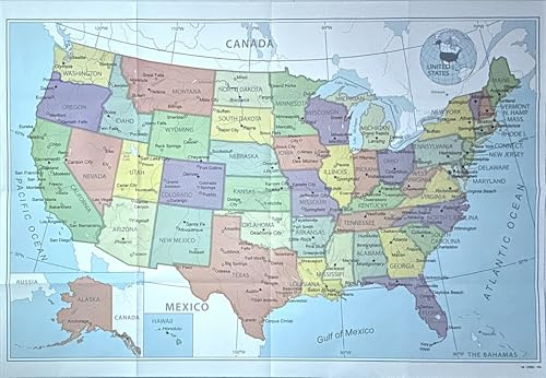 United States USA Wall Map 39.4 x 27.5 State Capitals Cities State & International Boundaries Major Rivers Lakes (Paper Folded)