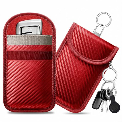 caslord Faraday Pouch for Car Keys, Pack of 2 Anti-Theft RFID Key Fob Protection Bag with 4 Pack Key Rings for Car Security, M, Dark red