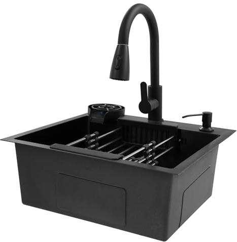 Fregadero de cocina, 45 x 50 cm, acero inoxidable, fregadero integrado, extensible, 360°, con fregadero + cesta de desagüe + dispensador de jabón para fregadero de cocina, fregadero bajo encimera