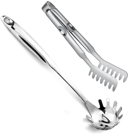 Juego de 2 pinzas para pasta y cuchara para espaguetis, pinzas para pasta de acero inoxidable y pinzas para espaguetis, ideal para servir pasta en casa y cocinas profesionales, apto para lavavajillas