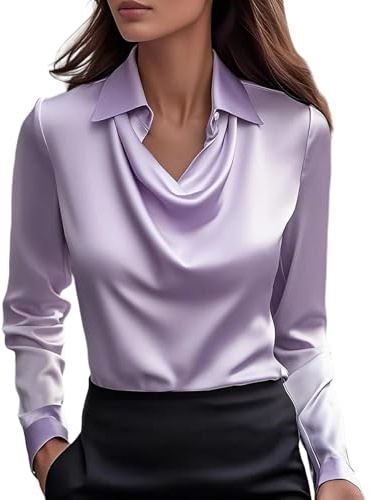 Camicia Donna Elegante in Raso Maglia Cerimonia Blusa di Seta Eleganti Maglietta Curvy Manica Lunga Top Scollo a V Feste Magliette Classico Club Ufficio T Shirt Basic Business Colore Solido