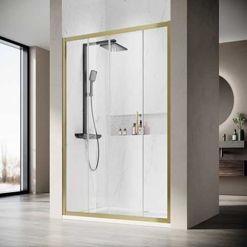 SONNI Duschkabin duschskjutdörr guld-klart glas, olika storlekar 100/110/120 cm, ESG-tonat glas, dusch, nischdörr, glasskjutdörr, 110 x 185 cm