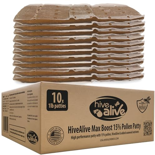 HIVE ALIVE Pollen Patty for Honey Bees – 10lb (10x1lb) Pollen Patties and Bee Food for Spring with 15% Real USA Pollen, Seaweed and Amino Acids to Support Brood and Colony Health