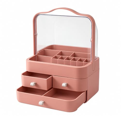 Pink Makeup Organiser Storage Box with Drawers, Cosmetic Display Case for Skincare, Jewellery and Beauty Accessories & Desktop Organiser