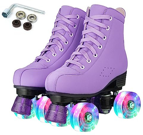 XUDREZ Damen-Rollschuhe, hohe Schuhe, zweireihig, glänzend, Derby-Skates, vier Räder, Unisex, PU, klassische Skates für Mädchen, Anfänger, drinnen und draußen (Lila blinkendes Rad, Größe 40,5)