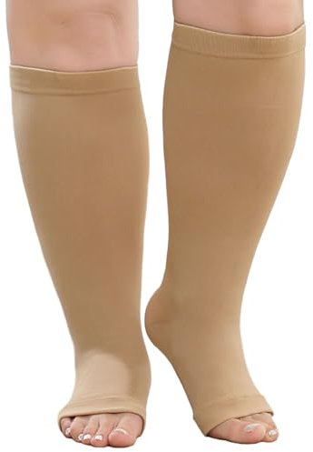PUTUO Plus Size Compression Socks: Wide Calf Graduated Compression Stockings Men Women Open Toe Extra Large Compression Sock for Support Flight Travel Pregnancy Nurses 20-30 mmHg Beige 4XL 1Pairs