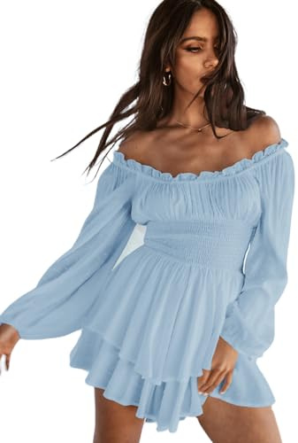 Women Puff Sleeve Square Neck Romper Dress Off Shoulder Ruffle Shorts Smocked Layered Flowy A Line MiniBeach Swing Dress Sundress (B-Blue, XL)