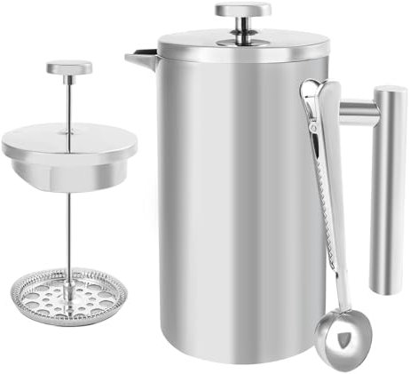 French Press Cafetière à piston de 1 l en acier inoxydable avec filtre à 3 niveaux et double paroi isolée avec cuillère 1000 ml
