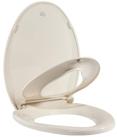 GarveeTech Toilet Seat With Toddler Seat Built In, Elongated Toilet Seat for Potty Training, Fits Both Adults and Children, Slow Close and Magnetic Closure-Ideal for Family Bathroom(Elongated Almond)