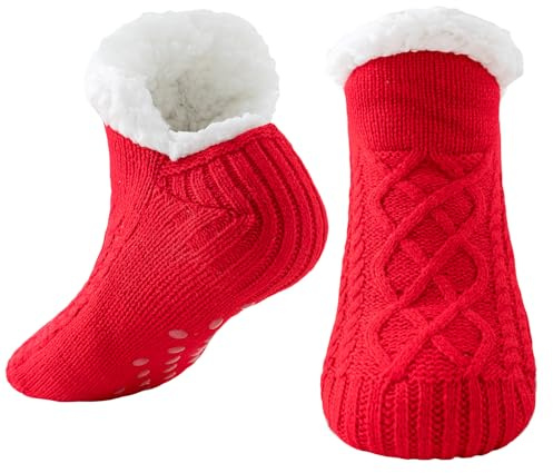 Niorasen Calze Donna Uomo Antiscivolo a Pantofola Invernali, Calze Termiche in Pile Calde, Calzettoni Morbidi per Casa, Calze Natalizie Termiche, Regalo di Natale Capodanno, Rosso
