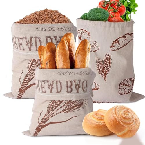 KSVFTB 2 Pack Bread Bags - Plastic Lined - Keep Bread Fresh - Eco Reusable Linen Bread Bag - 40cm x 30cm