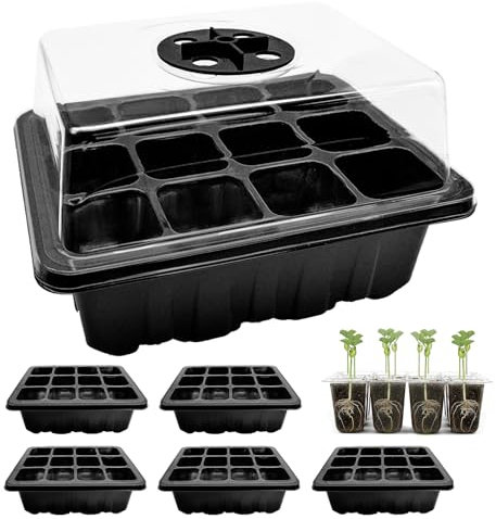 Mudoulu 6 Pièces Mini Serre pour Semis avec Couvercles, Plateau de Semis 12 Cellules Réutilisables Pot de Germination Intérieur Balcon, Godet à Semis Noir pour Terreau