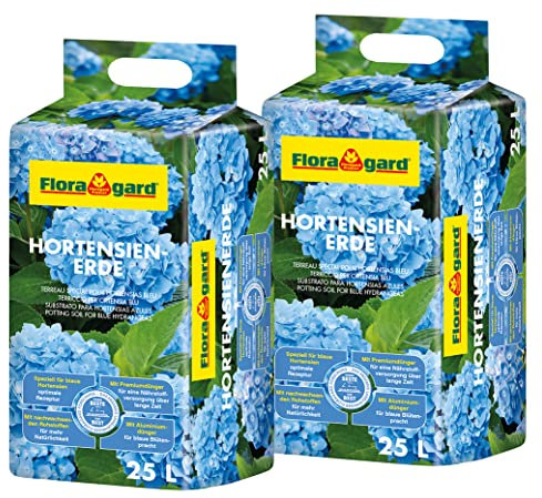 Floragard Terreau pour Hortensias Bleus - pour la Plantation et Le Rempotage, Optimal pour Massifs et Pots, avec Granulés d’Argile - 2x25 L