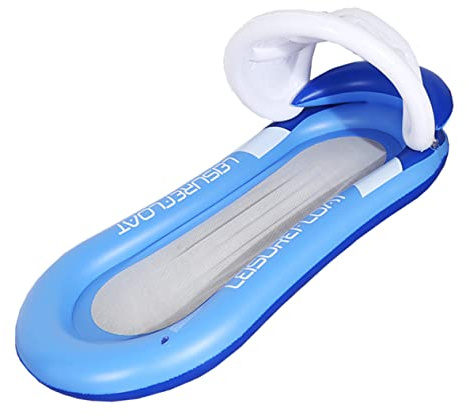 NAMOARLY Hamaca de Agua Inflable Reclinable para Adultos, Cama Flotante con Toldo Desmontable, Sillón Flotante de PVC Azul, para Playa, Piscina y Lago, Diseño Ergonómico y Malla de Nylon
